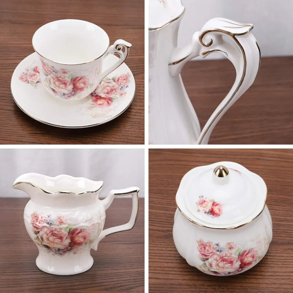 Porcelain Vintage Tea Set with Rose Pattern