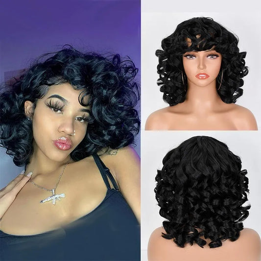 Short Hair Afro Curly Wig With Bangs