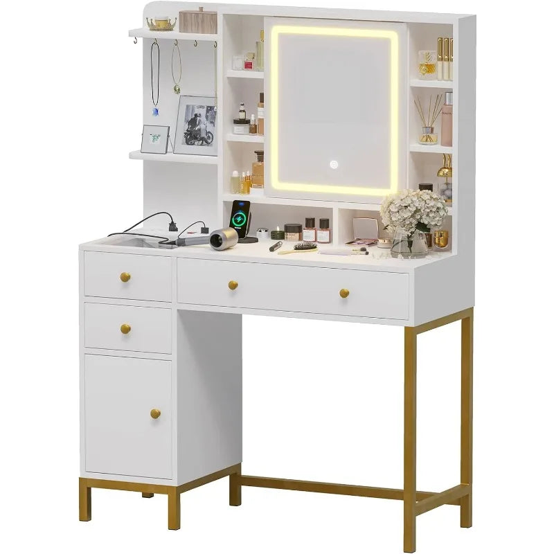 Vanity Desk with Openable Mirror & 3-Color Dimmable